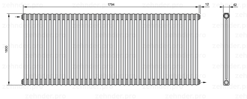 Схема (чертеж) Радиатор Zehnder Charleston 2180/39 №1670 Technoline TL